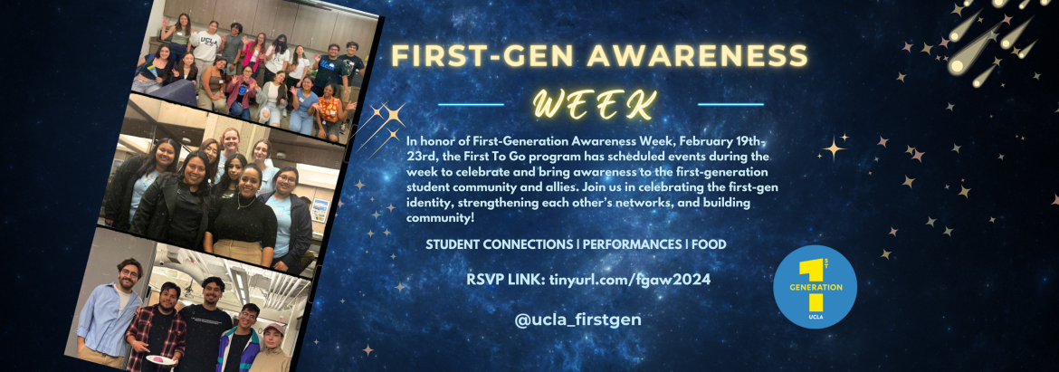 a banner for first generation awareness week, on the right there is three images  